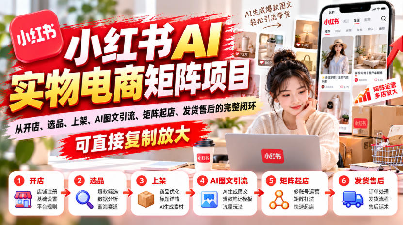 小红书AI实物电商矩阵项目，从开店、选品、上架、AI图文引流、矩阵起店、发货售后的完整闭环，可直接复制放大-资源后花园