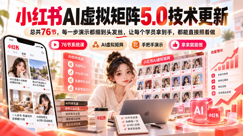 小红书AI虚拟矩阵5.0技术更新，总共76节，每一步演示都细到头发丝，让每个学员拿到手，都能直接照着做-资源后花园