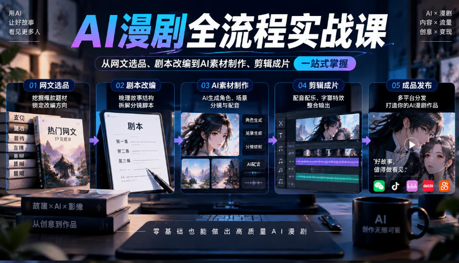 AI漫剧全流程实战课，覆盖从网文选品、剧本改编到AI素材制作、剪辑成片的完整链路-资源后花园