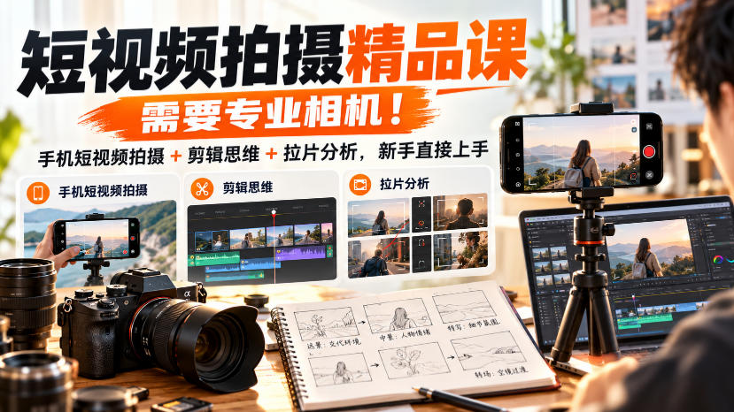 短视频拍摄精品课，需要专业相机！手机短视频拍摄+剪辑思维+拉片分析，新手直接上手-资源后花园