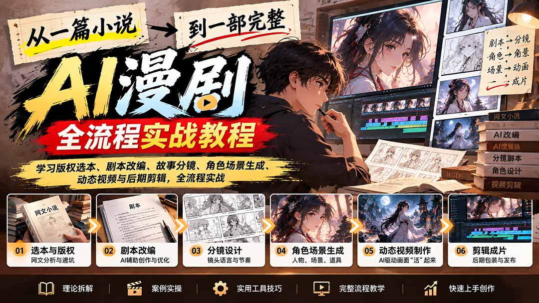 从一篇小说到一部完整AI漫剧：学习版权选本、剧本改编、故事分镜、角色场景生成、动态视频与后期剪辑-资源后花园