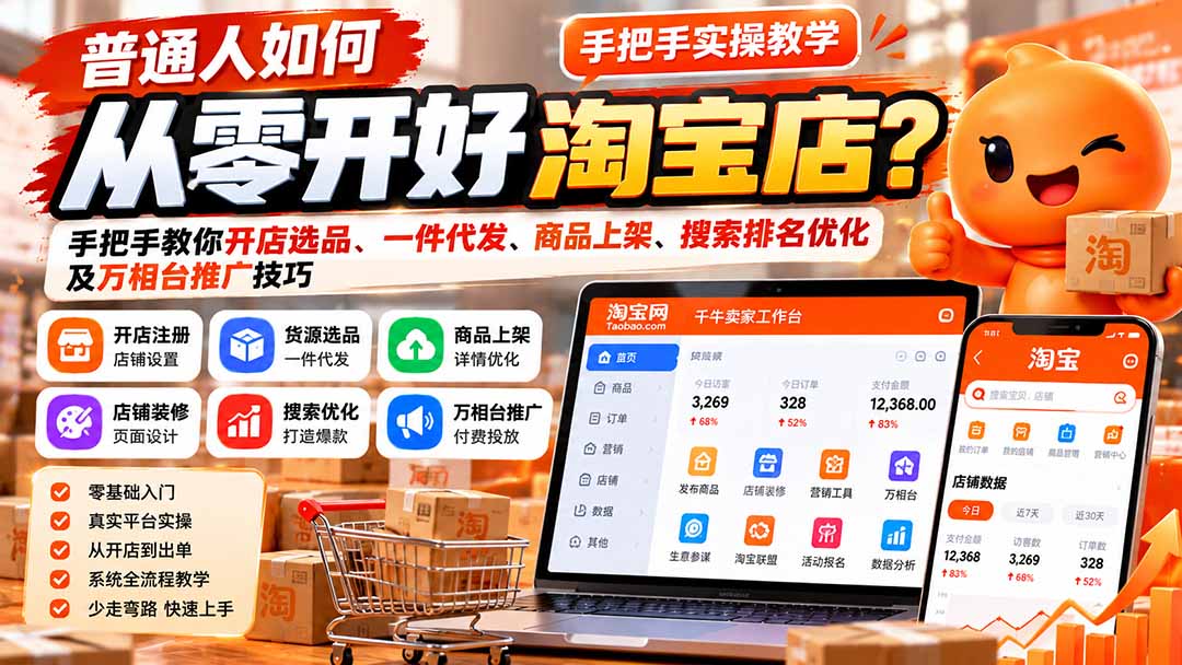 普通人如何从零开好淘宝店？手把手教你开店选品、一件代发、商品上架、搜索排名优化及万相台推广技巧