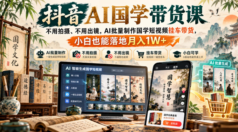 抖音AI国学带货课，不用拍摄、不用出镜，AI批量制作国学短视频挂车带货，小白也能落地月入1W+-资源后花园