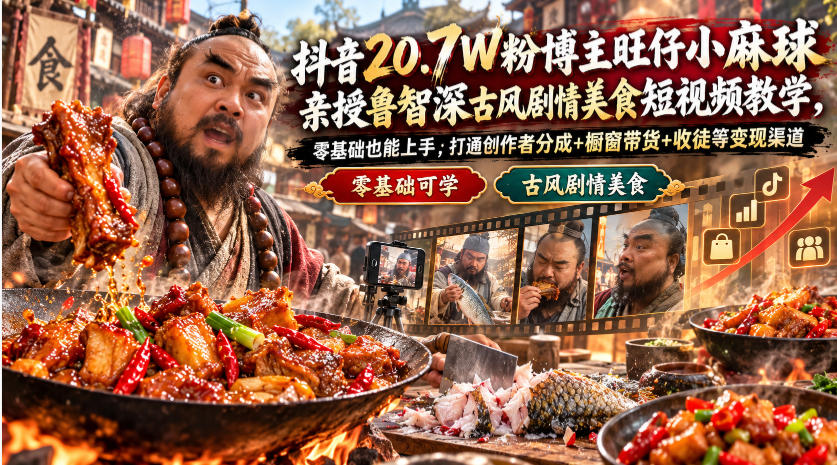 抖音20.7W粉博主旺仔小麻球亲授鲁智深古风剧情美食短视频教学，零基础也能上手，打通创作者分成+橱窗带货+收徒等变现渠道-资源后花园