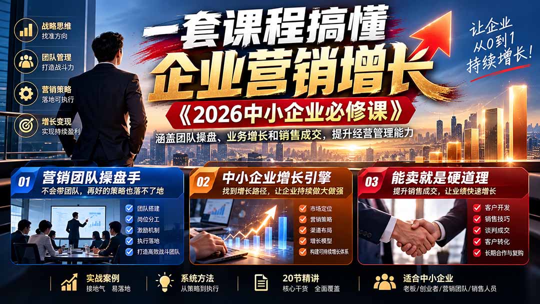 一套课程搞懂企业营销增长《2026中小企业必修课》涵盖团队操盘、业务增长和销售成交,提升经营管理能力
