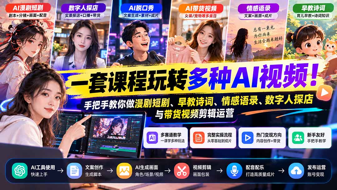 【无水印】一套课程玩转多种AI视频!手把手教你做漫剧短剧、早教诗词、情感语录、数字人探店与带货视频剪辑运营-资源后花园