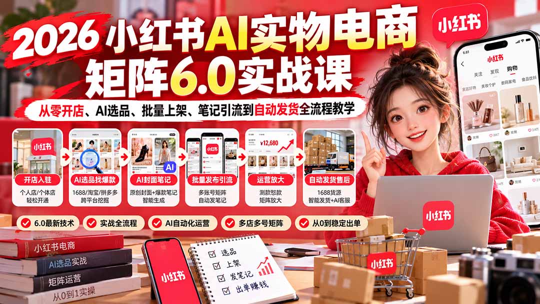 2026小红书AI实物电商矩阵6.0实战课：从零开店、AI选品、批量上架、笔记引流到自动发货全流程教学-资源后花园